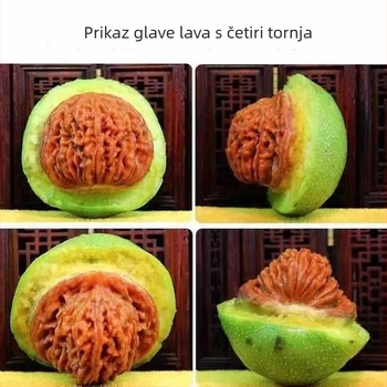 Narukvica od divljeg oraščića sa zelenom korom, ekstravelika veličina, motiv qilin, glave lava i tigra