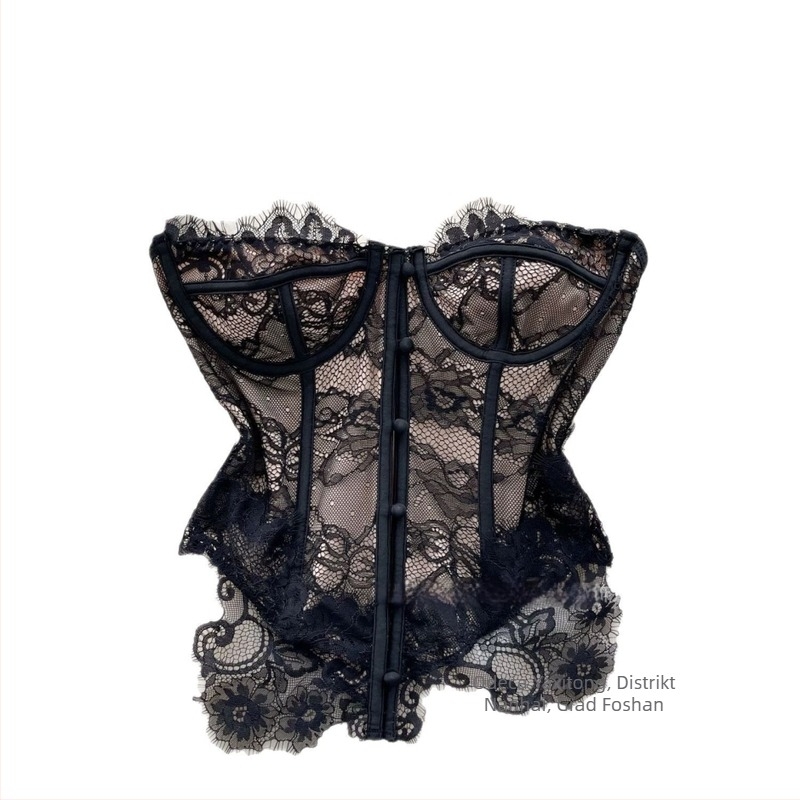 Čipkasti camisole top s trakama, uska silueta, kratka dužina, panel dizajn, poliester 90–95%