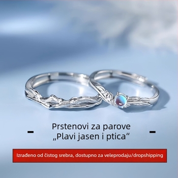 Par prstena od srebra 999 s motivom plavog eukaliptusa i ptice, podesivi, poklon za Dan zaljubljenih