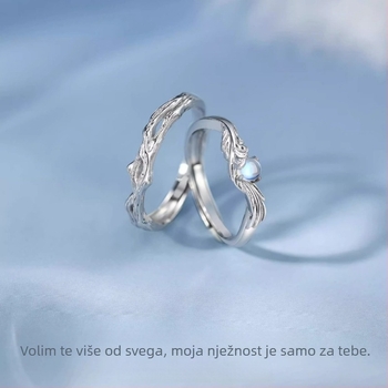 Par prstena od srebra 999 s motivom plavog eukaliptusa i ptice, podesivi, poklon za Dan zaljubljenih