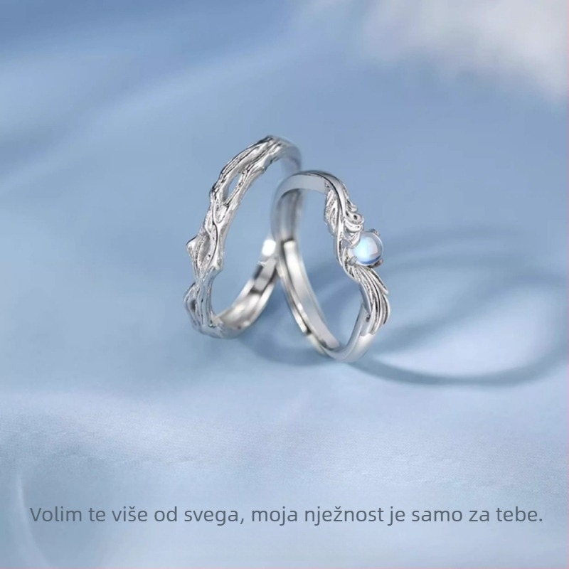 Par prstena od srebra 999 s motivom plavog eukaliptusa i ptice, podesivi, poklon za Dan zaljubljenih