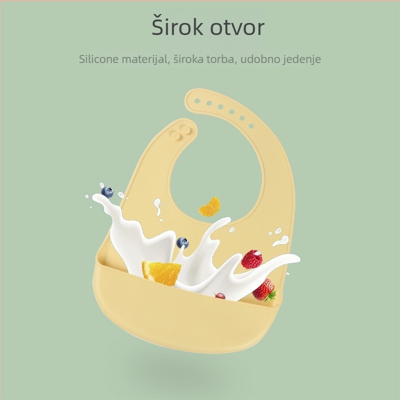 Silikonska baveta za bebe – materijal: silikon, vodootporna i otporna na prljavštinu, za bebe i djecu od 1 do 3 godine.