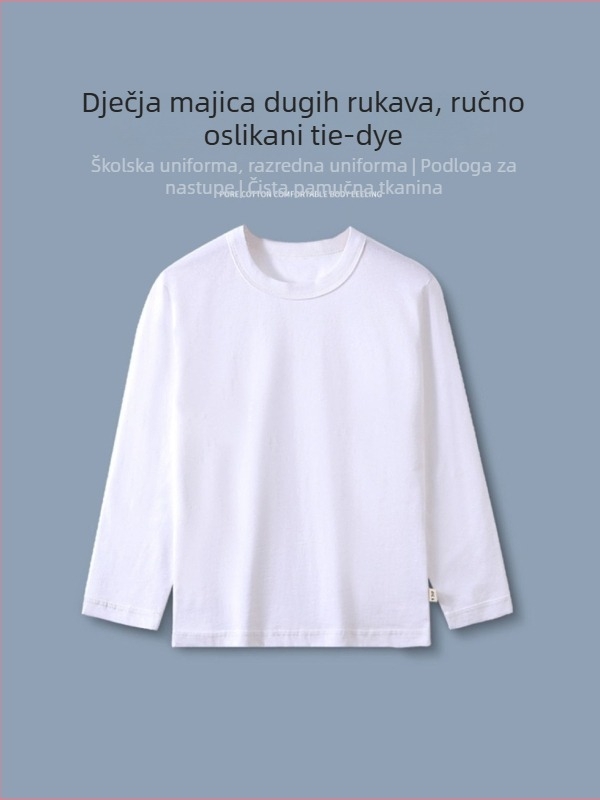 Dječja bijela pamučna majica s dugim rukavima, unisex, okrugli izrez, za djecu 3–8 godina (100–140 cm), ručno oslikan tie-dye dizajn