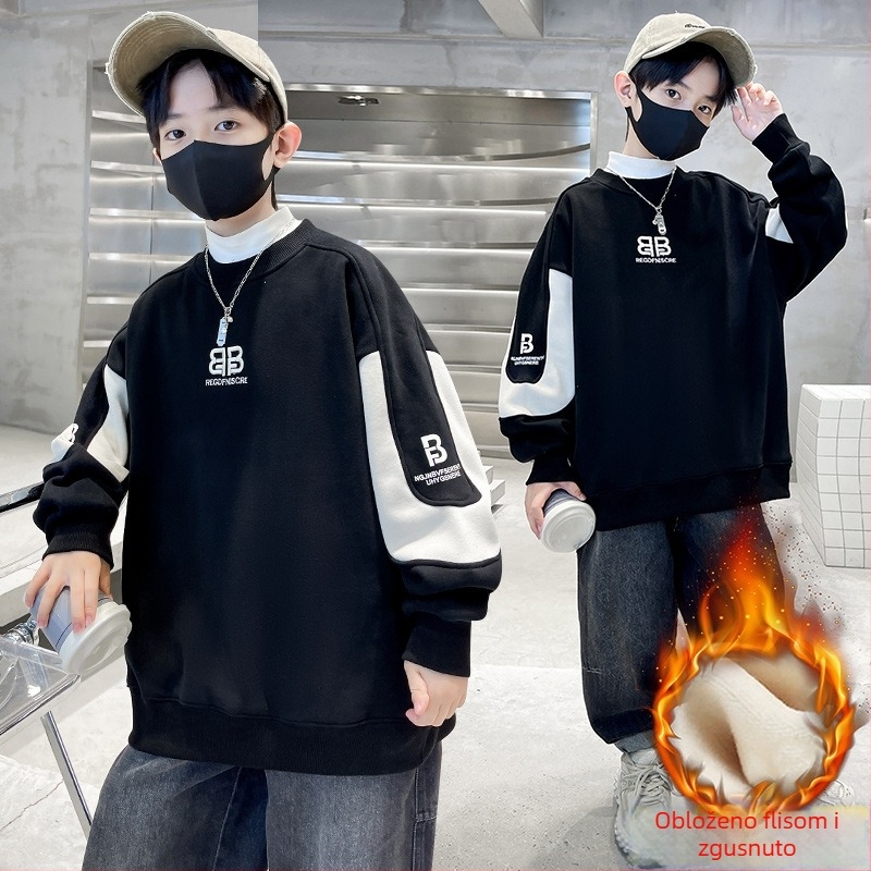 Dječja dukserica s flisom iznutra, okrugli izrez, dugi rukav, bez kapucje, pamuk, uzorci: slova i kamuflaža