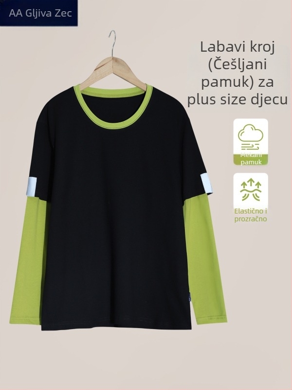Plus veličine dječja majica s dugim rukavima, lagana pamuk, crno-zelena blok boja, širok kroj, za tinejdžere