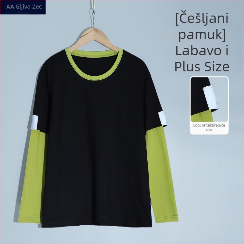 Plus veličine dječja majica s dugim rukavima, lagana pamuk, crno-zelena blok boja, širok kroj, za tinejdžere
