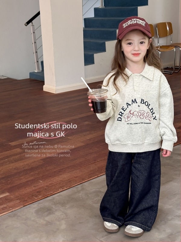 Dječja duksa s korejskim stilom s polo ovratnikom, motiv medvjedić i slova; pamuk-poliester 76/24; dugi rukavi; za djecu 8+ godina (visina iznad 140 cm); proljeće i jesen