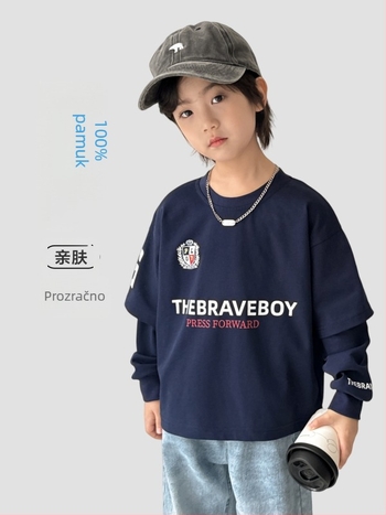 Dječji pamučni dugi rukav T‑shirt za dječake, 100% pamuk, okrugli izrez, otisak slovima