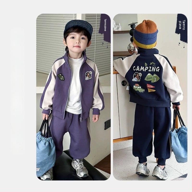 Dječji dvodijelni proljetni sportski komplet: gornji dio s zatvaračem i dugim rukavima te hlače, pamuk 65%