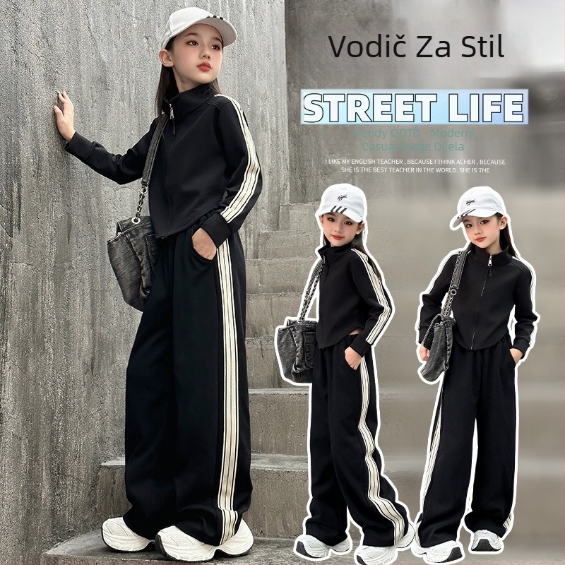 Ženski dječji sportski set, dva dijela, dugi rukavi, lagana tkanina s 80% pamuka, prugasti uzorak, korejski stil, pogodna za proljeće i jesen, strojno pranje.