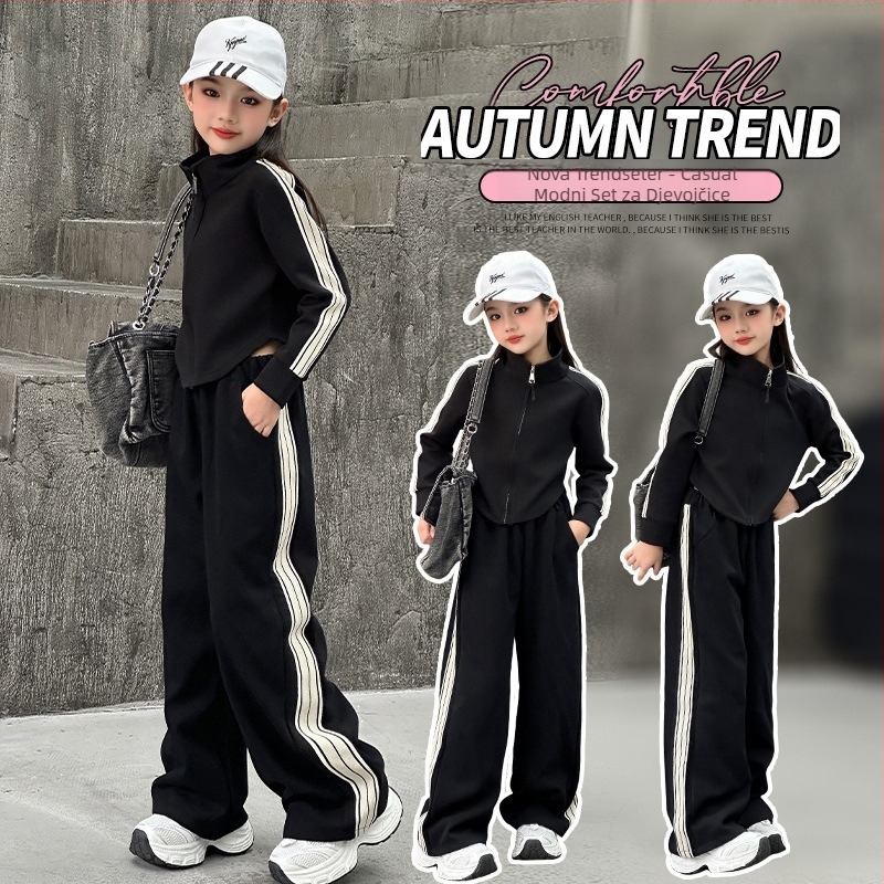 Ženski dječji sportski set, dva dijela, dugi rukavi, lagana tkanina s 80% pamuka, prugasti uzorak, korejski stil, pogodna za proljeće i jesen, strojno pranje.