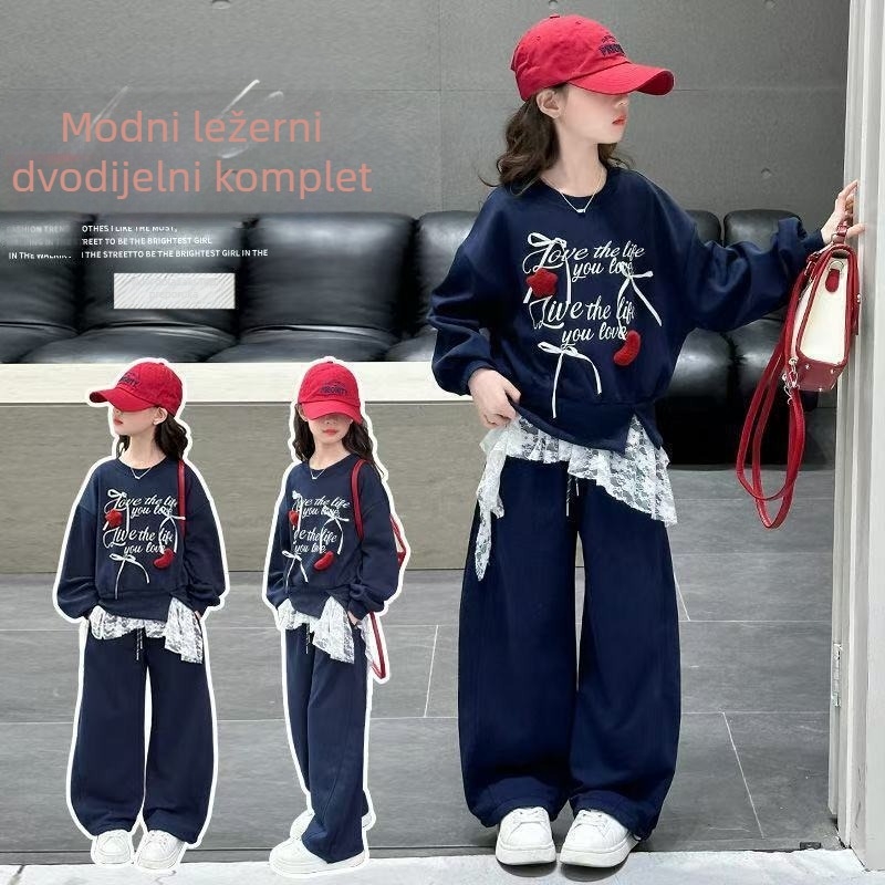 Dva dijela za djevojčice: hoodie s dugim rukavima i hlače, kordurojni materijal s mješavinom zajčje dlake 50–70%, ležerni sportski stil, proljeće 2025