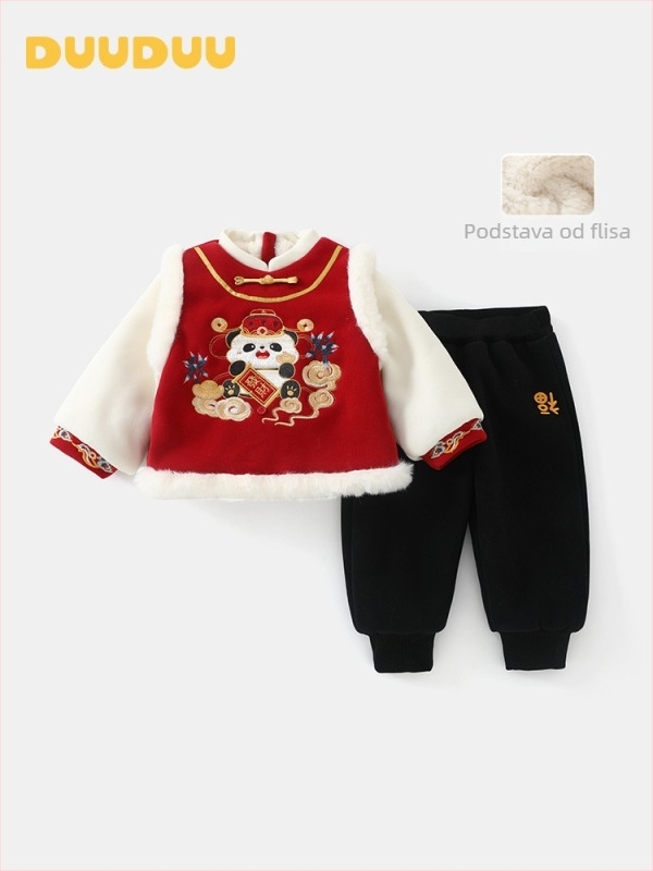 Dvodjelni unisex dječji pleteni komplet s fleece-om, debeli, dugi rukav pulover i hlače, crtani uzorak, za djecu 1–3 godine, zima/jesen/proljeće