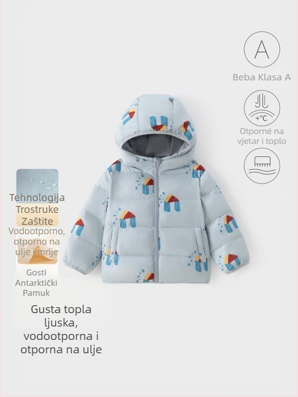 Dječja zimenska jakna s kapuljačom, debeli poliesterski materijal, mrežasti uzorak, zatvaranje na zip
