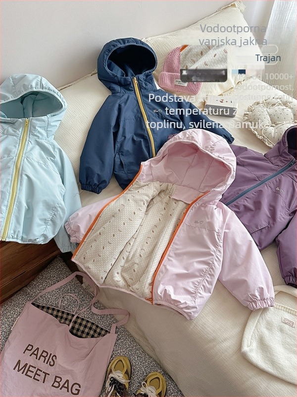 Dječja softshell jakna za zimu, korejski stil, zatvarač, bez kapuljače, podstava od pamuka, vanjski materijal 100% poliester, brushed/enzim pranje, kratka duljina, jedinstven uzorak, za djecu 3–8 godina