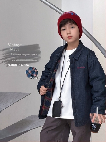 Dječja denim jakna s debelim punjenjem i izvezenim motivima, korejski stil, rever ovratnik, jednostavno zatvaranje, unisex