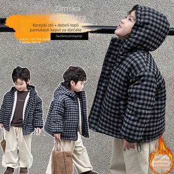 Dječja kapuljača jakna od poliestera s kariranim uzorkom, debeli sloj topline, za uzrast 3–8 godina (100–140 cm), korejski stil, Zima 2025
