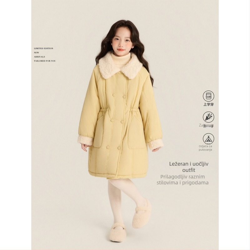 Amybaby dječja jakna za djevojčice zima 2025, jednobojna, topla, srednje duljine, krzneni ovratnik, dvostruki red kopči