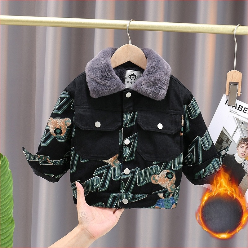 Dječja zimksa jakna u korejskom stilu, debeli pamuk-denim materijal, s reverom, bez kapulje