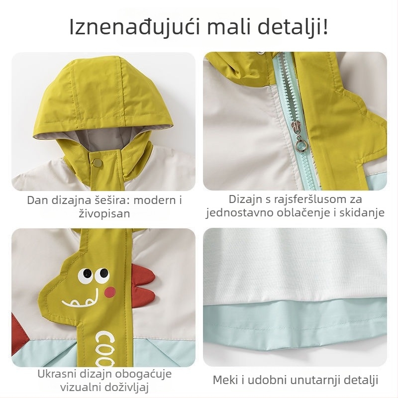 Dječja jakna s kapuljačom za dječake, dinosaurus motiv, crtani stil, proljeće-jesen, izdržljiva
