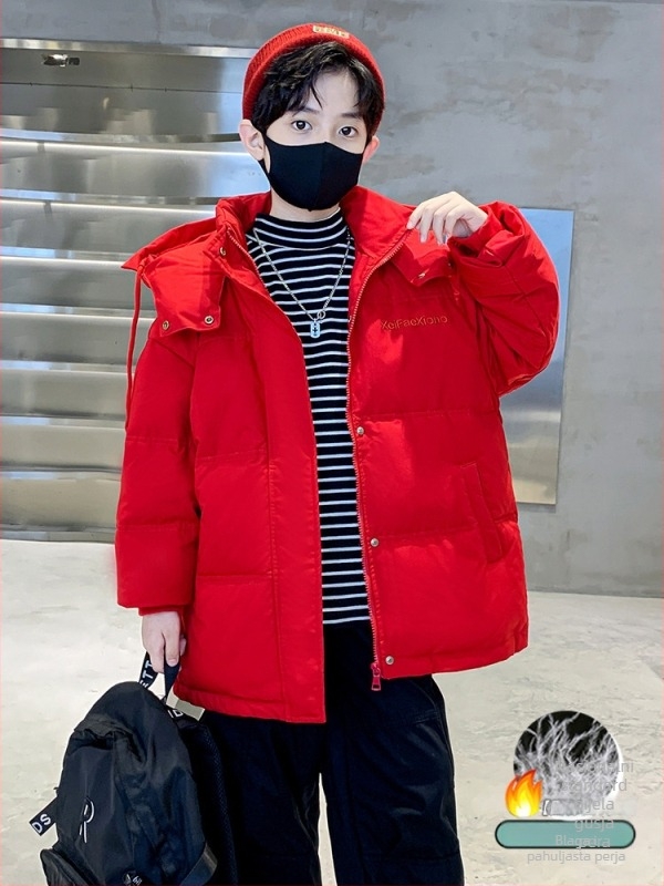 Dječja zimska jakna za dječake s punjenjem od bijelog patka 50-55%, kapuljača, kratka duljina, slobodan kroj, prednji zatvarač - Zima 2025
