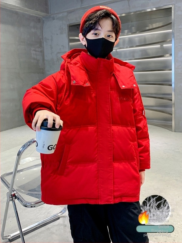 Dječja zimska jakna za dječake s punjenjem od bijelog patka 50-55%, kapuljača, kratka duljina, slobodan kroj, prednji zatvarač - Zima 2025