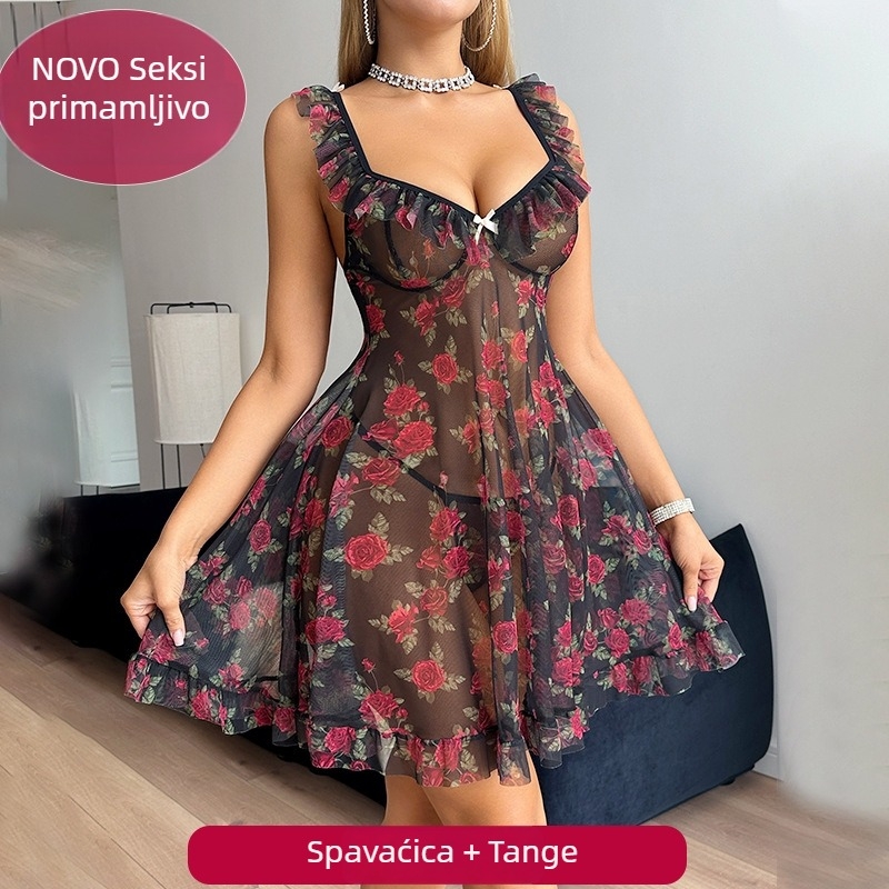 Noćna haljina s cvjetnim uzorkom, prozirna mrežasta mini suknja i set donjeg rublja s thongom