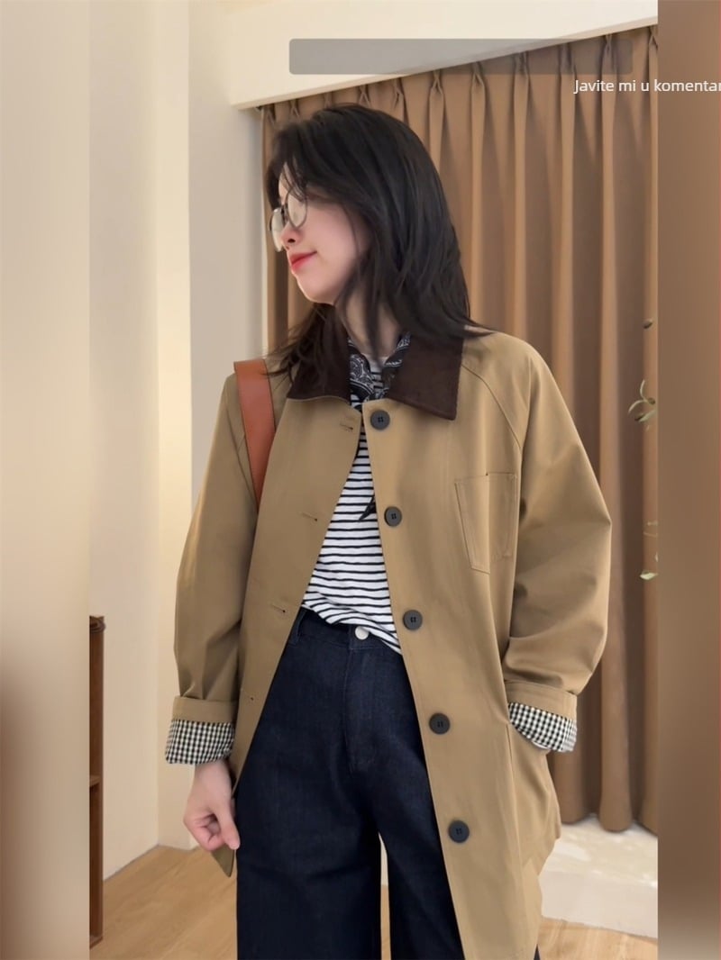 Ženska windbreaker jakna, pamuk 95%+, labavi kroj, srednja duljina 65–80 cm, rever