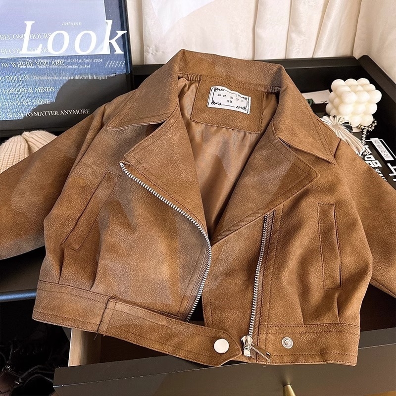 Dječja PU kožna jakna u korejskom stilu za djevojčice, V-izrez, kratka duljina, zatvaranje jednim redom gumba, podstava 100% poliester