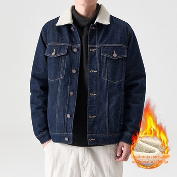 Teška denim jakna sa sivim rukavima od ovčjeg flece, pamuk izolacija za zadržavanje topline i regulaciju temperature, plavi denim, postojana boja.