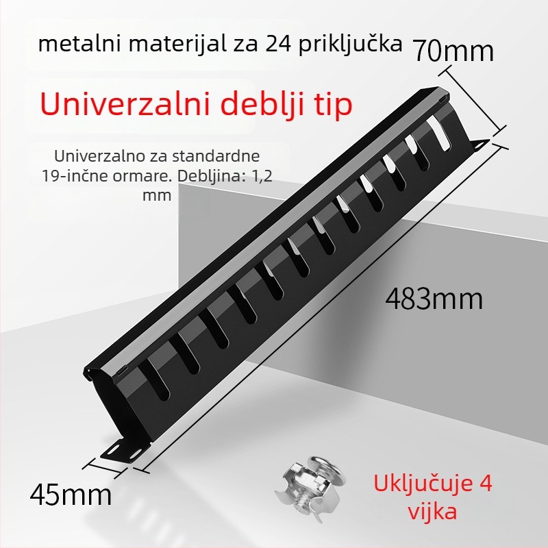 24-portni rack za upravljanje kabelima, metalni okvir od hladnog valjanog čelika, metalno otiskivanje, kablovi promjera do 7 mm