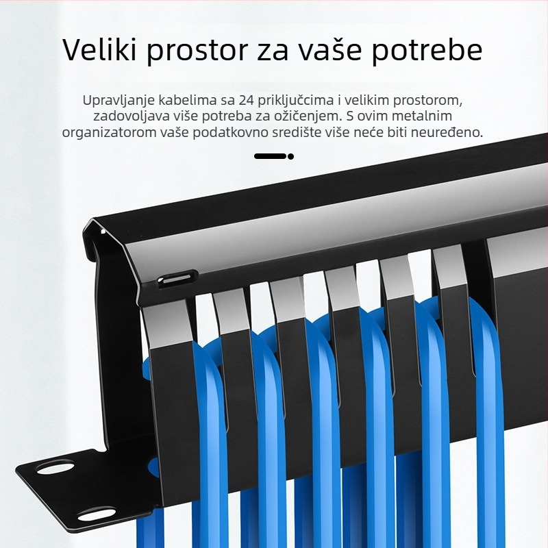 24-portni rack za upravljanje kabelima, metalni okvir od hladnog valjanog čelika, metalno otiskivanje, kablovi promjera do 7 mm