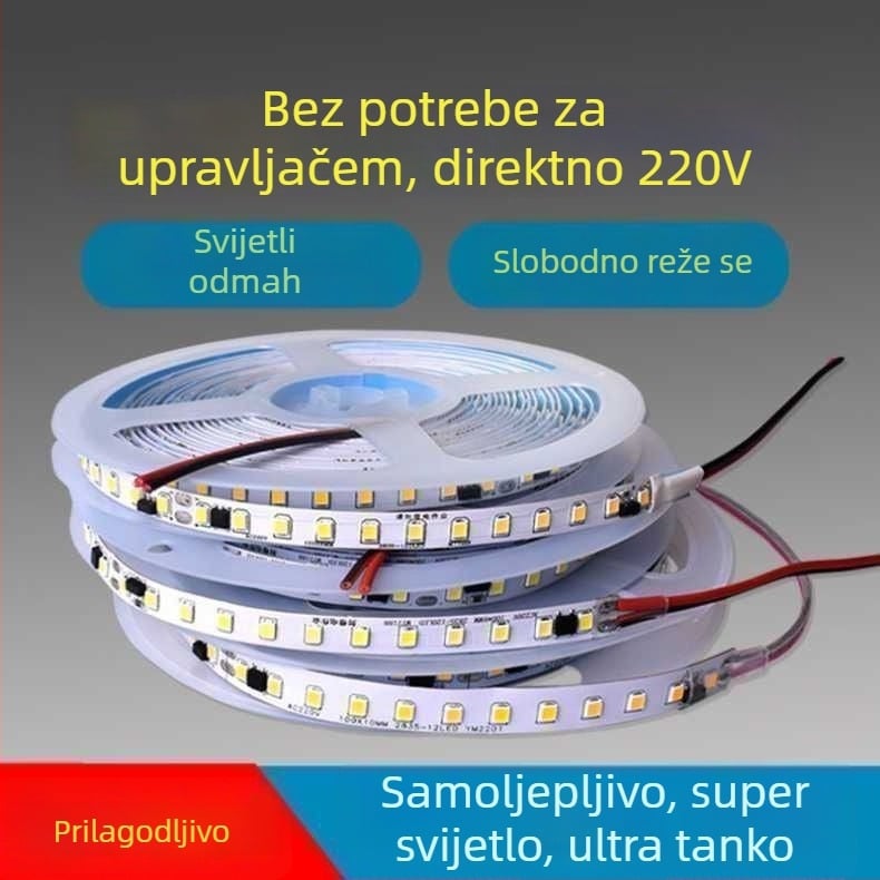 Monohromatska LED traka 220V – linijarno ugradno svjetlo za vitrine, samoljepljiva dekorativna svjetleća traka, 10–15W, LED čip Xing jian, CRI 60–79