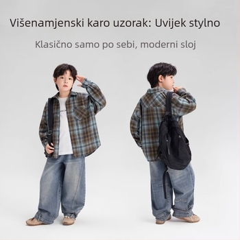 Dječja košulja s flisom i kariranim uzorkom, dugi rukav, rever ovratnik, korejski stil