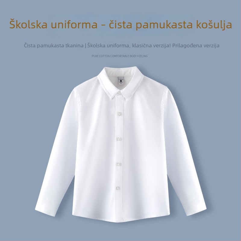 Dječja košulja za školsku uniformu, stil koledža (duga rukava, ovratnik s reverom, 100% pamuk)