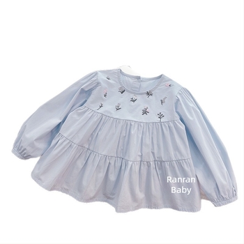 Dječja pamukasta košulja s dugim rukavima, s izvezenim cvjetnim uzorkom, okrugli ovratnik, za proljeće i jesen