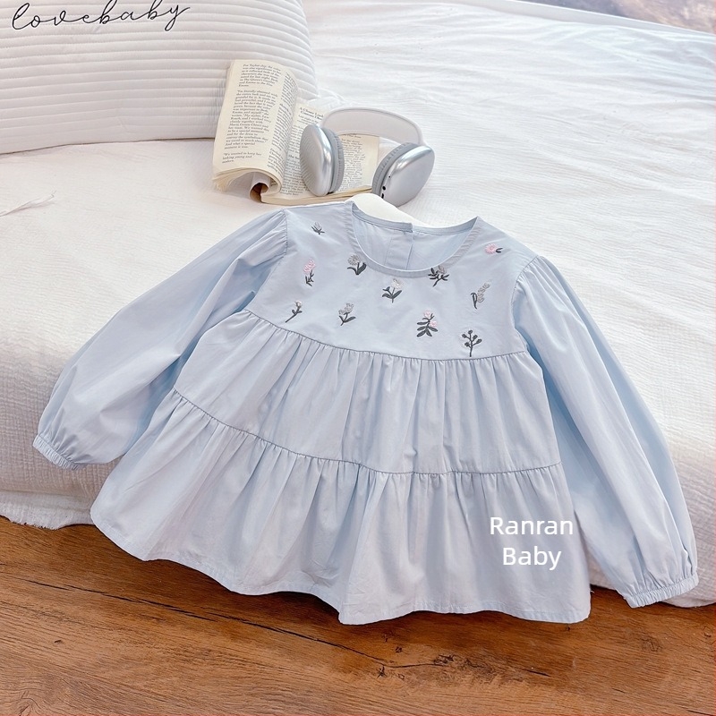 Dječja pamukasta košulja s dugim rukavima, s izvezenim cvjetnim uzorkom, okrugli ovratnik, za proljeće i jesen