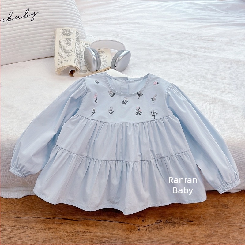 Dječja pamukasta košulja s dugim rukavima, s izvezenim cvjetnim uzorkom, okrugli ovratnik, za proljeće i jesen