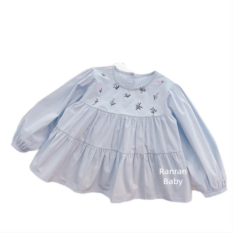 Dječja pamukasta košulja s dugim rukavima, s izvezenim cvjetnim uzorkom, okrugli ovratnik, za proljeće i jesen