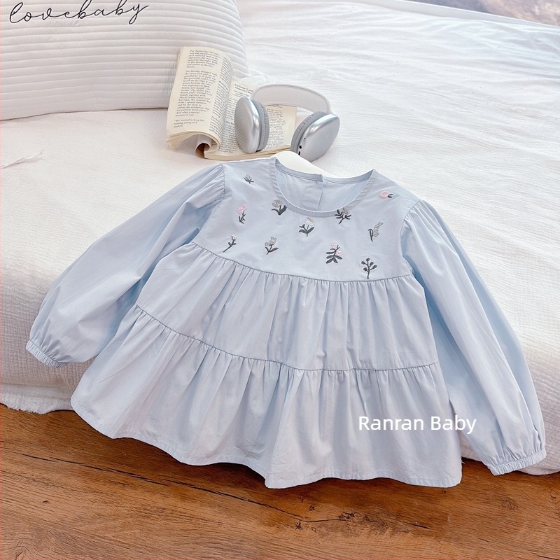 Dječja pamukasta košulja s dugim rukavima, s izvezenim cvjetnim uzorkom, okrugli ovratnik, za proljeće i jesen