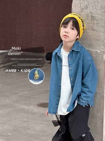 Dječja traper košulja s vezom, pijesno oprana, Cowboy denim, 91,8% pamuk / 4,1% poliester / 4,1% regenerirana celuloza, unisex, jesen 2025, jednostrano zatvaranje, korejski stil