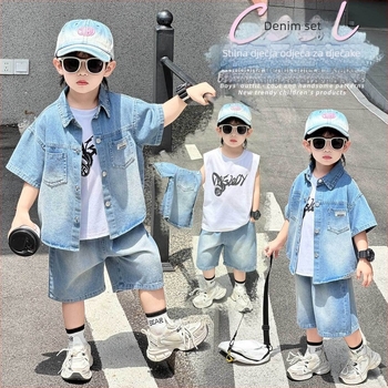 Dječji trodijelni ljetni kostim: denim košulja kratkih rukava i šortsevi, korejski stil, za uzrast 3–8 godina (100–140 cm), pamuk 55%