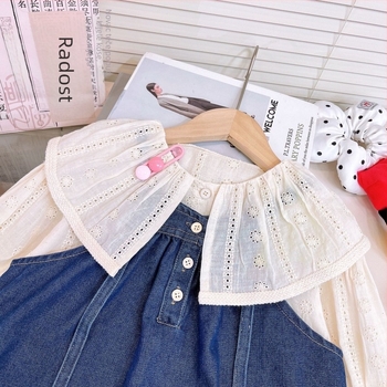 Dvije dijelni dječji set: denim suknja s trakama i čipkana bluza, dugi rukavi, za djevojčice od 3 do 8 godina, proljeće i jesen