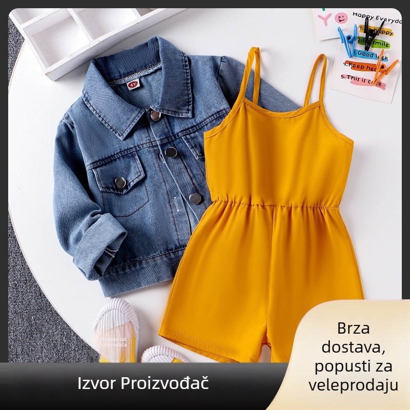 Ženski dječji set od denima: košulja-jakna od denima i skraćene hlače s traka — dvodijelni set za jesen/zimu, uzrast 3–8 godina, dugi rukavi, bez kapulje, jednobojni uzorak