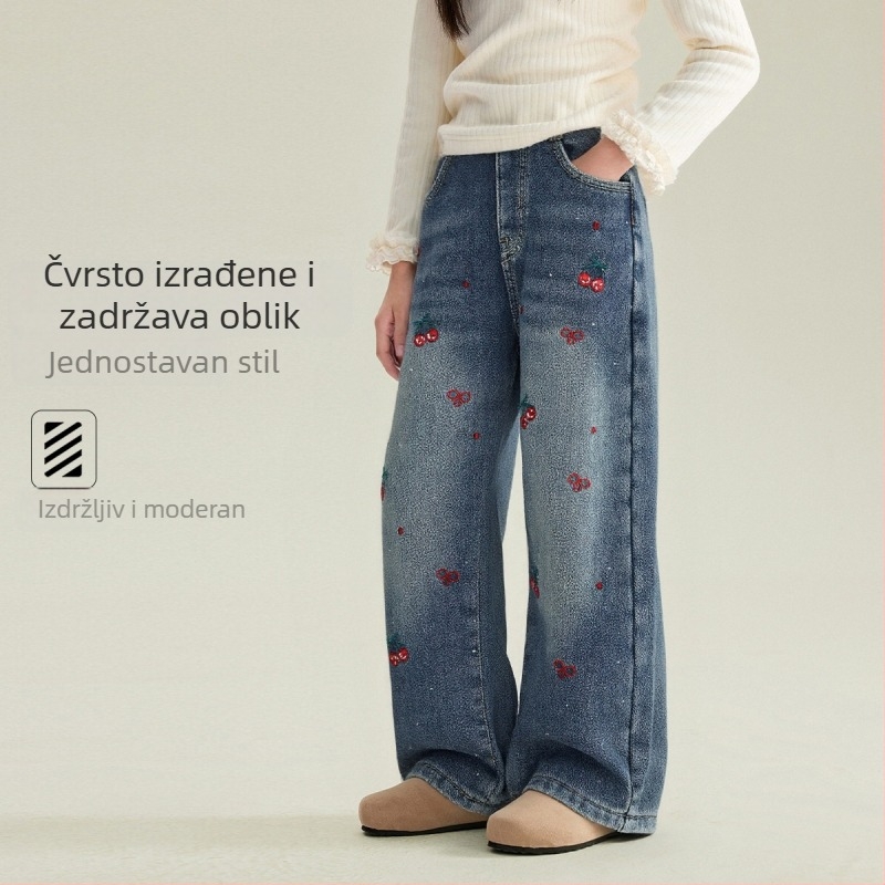 Dječje traperice s flecom – korejskog stila, ravne nogavice, visoki struk, crtani uzorak