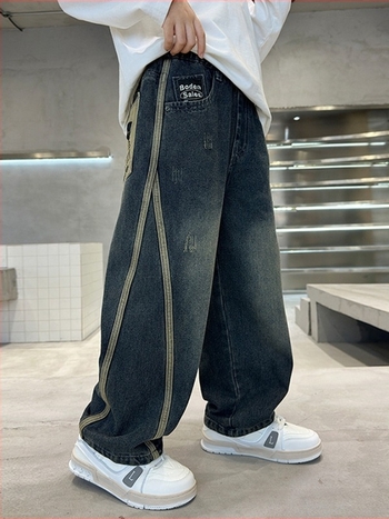 Dječje traperice u korejskom stilu, 57,2% pamuk, uzorak slova/abstraktno, srednje visokim pojasom s elastičnim pojasom, za dječake 8+