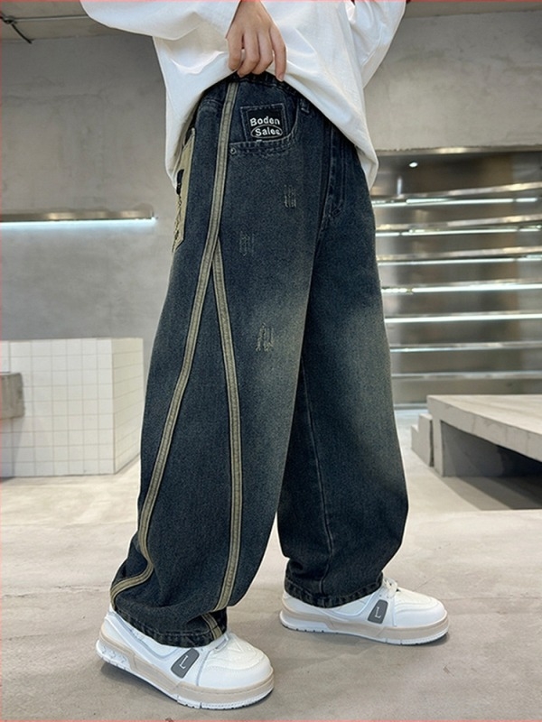 Dječje traperice u korejskom stilu, 57,2% pamuk, uzorak slova/abstraktno, srednje visokim pojasom s elastičnim pojasom, za dječake 8+