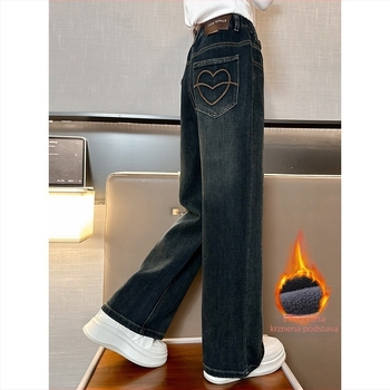 Dječje hlače traperice za djevojčice s ravnim krojem, s flis podstavom, pamuk 60%+, korejski stil, osnovni, srednje visok pojas, zatvaranje na gumbima