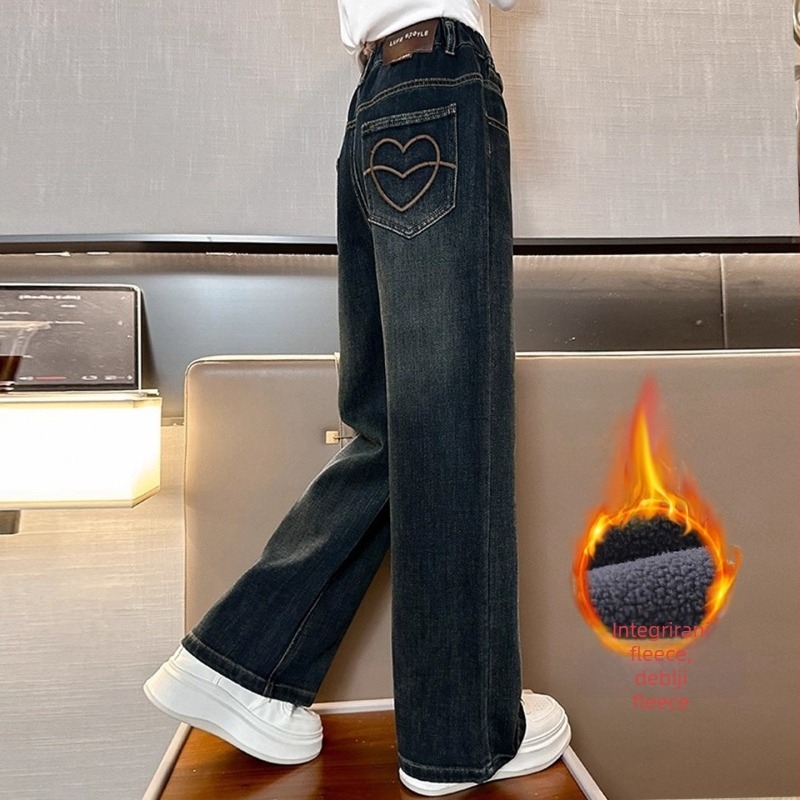 Dječje hlače traperice za djevojčice s ravnim krojem, s flis podstavom, pamuk 60%+, korejski stil, osnovni, srednje visok pojas, zatvaranje na gumbima