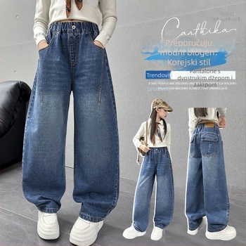 Dječje traperice, korejski stil, visoki pojas, široke ravne nogavice, proljeće/jesen 2025